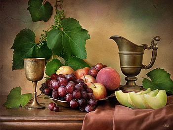 still life 1, composition, art , still life, table, fruits, iron pot, iron cup HD wallpaper