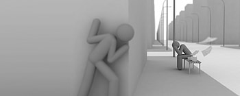 Human, bench, sad, peeking, papers, bilding, figures, dispare HD wallpaper