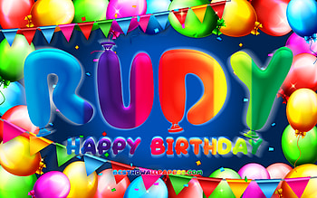 Happy Birtay Rudy, , colorful balloon frame, Rudy name, blue background, Rudy Happy Birtay, Rudy Birtay, popular american male names, Birtay concept, Rudy HD wallpaper