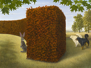 The runaround, dog, bunny, painting, art, robert bissell, pictura, caine, rabbit HD wallpaper