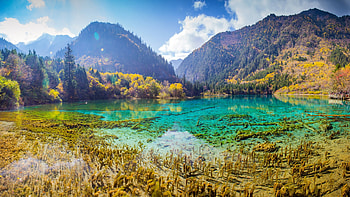 Lake in autumn mountains, trees, landscape, sky, water, clouds HD wallpaper