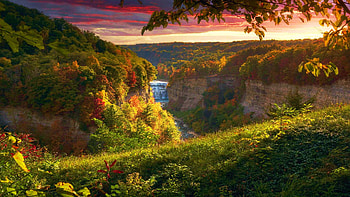 The Grand Canyon of the East - Genesee River in New York, fall, clouds, landscape, trees, colors, sky, rocks, usa, leaves, sunset HD wallpaper