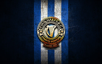 Finn Harps FC, golden logo, League of Ireland Premier Division, blue metal background, football, irish football club, Finn Harps FC logo, soccer, FC Finn Harps HD wallpaper