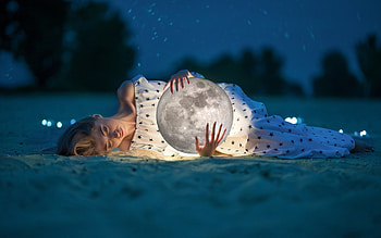 Moonlight, night, blue, model, moon, luna, girl, woman HD wallpaper