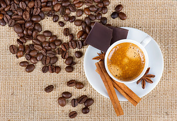Coffee with foam, foam, coffee, cinnamon star anise, grains, saucer, drink HD wallpaper