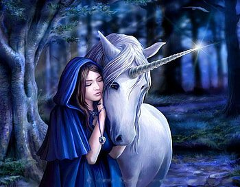 Best Friends, art, trees, unicorn, girl, forest HD wallpaper