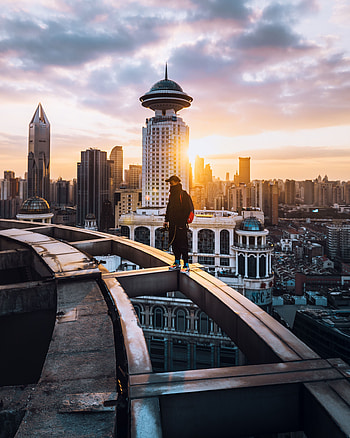 Cities, Sunset, Architecture, City, Privacy, Seclusion, Human, Person, Loneliness, Roof HD phone wallpaper