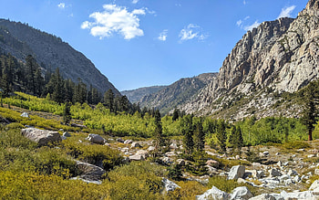 Blue Canyon, Sonora Pass, California, clouds, trees, landscape, sky, mountains, rocks, usa, stones HD wallpaper