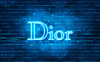 Dior blue logo, , blue brickwall, Dior logo, fashion brands, Dior neon logo, Dior HD wallpaper