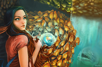 The pearl, blue, sea, art, girl, orange, fantasy, pearl, red, underwater, fish HD wallpaper