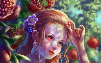Pomegranate with sunshine, art, girl, hand, pomegranate, rodie, fantasy, flower, green, miracle sun, red, face, fruit, redhead, luminos HD wallpaper