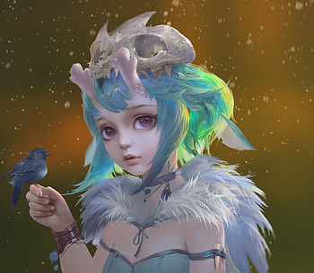Forest creature with bird, blue, sorceress, bird, horns, art, skull, shaman, bi taiwei, hand, fantasy, green, luminos, creature, pasari, forest HD wallpaper