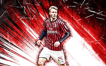 Simon Kjaer, grunge art, AC Milan, danish footballers, soccer, Serie A, Rossoneri, football, red abstract rays, Milan FC, Simon Kjaer Milan, Simon Kjaer HD wallpaper