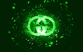 Gucci green logo, , green neon lights, creative, green abstract background, Gucci logo, brands, Gucci HD wallpaper