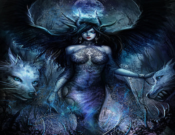 Demon Girl & Moon Wolf, blue, boob, angel, wolf, dress, 3D and CG, moon, fantasy girl, demon girl, horn, lips, female, breasts, sexy, wings, magic, blue eyes, girl, earring, black hair, fantasy arts, dark angel, fantasy, pretty, black wings HD wallpaper