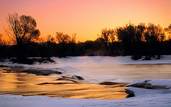 Winter at Snake River, Idaho, trees, sunset, ice, snow, usa HD wallpaper