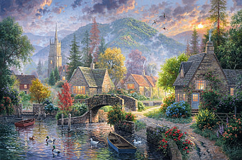 Mountain village, abraham hunter, painting, art, pictura, water, village, mountain HD wallpaper