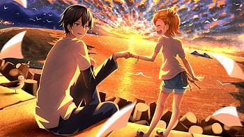 Fist Bump, birds, orange hair, kotoishi naru, paper, anime, short hair, barakamon, friends, shorts, sunset, ocean, handa seishuu HD wallpaper