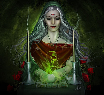 Pythia, oracle, roses, fantasy, fortune, skull, delphi, girl HD wallpaper