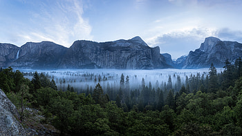 Landscape View Of Rock Mountains Trees Bushes Forest With Fog In Blue Sky Background Nature HD wallpaper