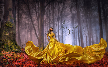 Model Posing in a Gold Gown, gold, dress, brunette, model, autumn, forest HD wallpaper