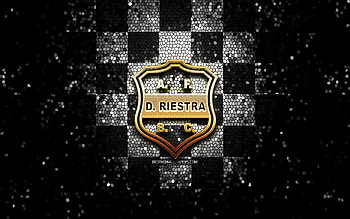 Deportivo Riestra, glitter logo, Primera Nacional, white black checkered background, soccer, argentinian football club, Deportivo Riestra logo, mosaic art, football, Deportivo Riestra FC HD wallpaper