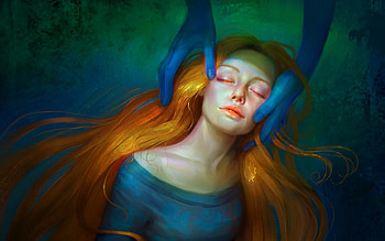 Into your arms, blue, art, girl, orange, hand, fantasy, green, redhead, luminos, maria poliakova HD wallpaper