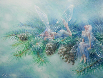 Promise of Snowfall, winter, craciun, art, lynne bellchamber, girl, fairy, painting, fantasy, christmas, iarna, pine cone, luminos HD wallpaper