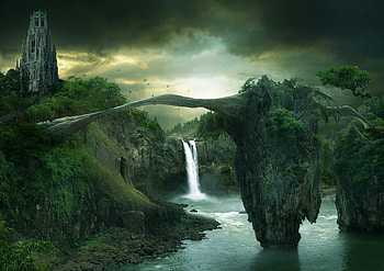 The bridge, falls, bridge, forests, 3d HD wallpaper