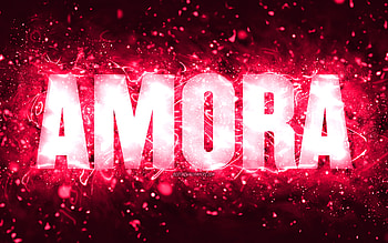 Happy Birtay Amora, , pink neon lights, Amora name, creative, Amora Happy Birtay, Amora Birtay, popular american female names, with Amora name, Amora HD wallpaper