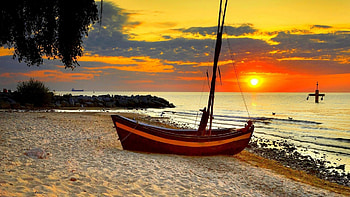 Sailboat on a Beach at Sunset, sea, boat, sand, clouds, trees, nature, sunset, beach HD wallpaper
