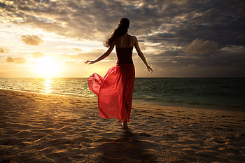 Women Beach Sand Walking Red Dress, dress, red, graphy, beach, sunrise, sunset, sand HD wallpaper