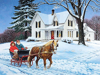 Jingle all the Way, winter, sleigh, horse, painting, snow, trees, cottage, people HD wallpaper