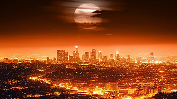 full moon over los angeles, night, city, moon, lights, clouds HD wallpaper