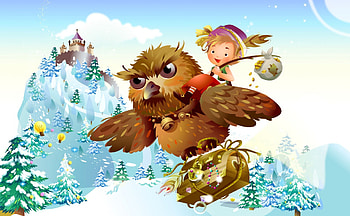 Fantasy, winter, white, bird, art, owl, tree, snow, green, christmas, red, vector, fly, child HD wallpaper