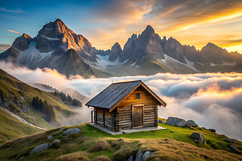 Endless Mountain Range with Mist-Softened Peaks and a Small Resting Peacefully in the Valley B, mountain, house, sunset, landscape HD wallpaper