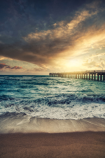 Nature, Sunset, Waves, Beach, Pier HD phone wallpaper