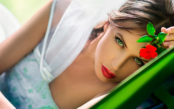 Beauty, flower, green, red, eyes, girl, woman HD wallpaper
