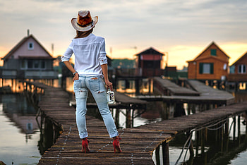 On Dock, cowgirls, boots, dock, hats HD wallpaper
