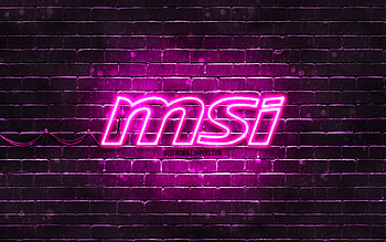 MSI purple logo, , purple brickwall, MSI logo, brands, MSI neon logo, MSI HD wallpaper