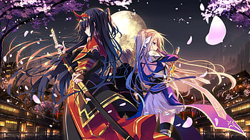 Samurai Girls, night, long hair, dress, beauty, lady, petals, cherry blossom, blonde hair, female, girl, beautiful, black hair, tree, woman, anime girl, pink, swords, anime, pretty, samurai, red, sky, flowers, katana, lovely HD wallpaper