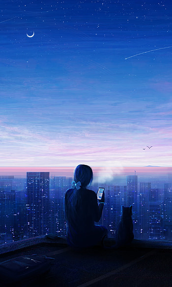 Away, night, cat, Anime, girl, anime girl, anime cat, anime night HD phone wallpaper