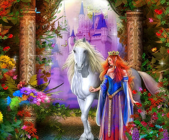 ~Porch Singing~, digital art, creative pre-made, love four seasons, horses, fantasy, manipulation, castles, butterfly designs, flowers, princess HD wallpaper