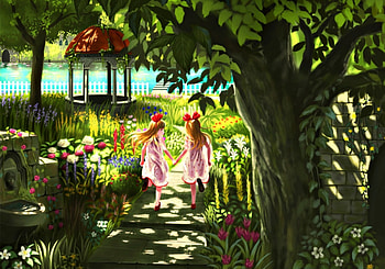In the garden, art, cute, girl, nauimusuka, tree, summer, anime, green, couple, pavilion, water, manga, child HD wallpaper