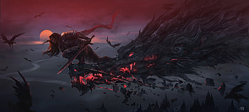 Dragon queen, fantasy, queen, yuqing wang, art, red, dragon, dark HD wallpaper