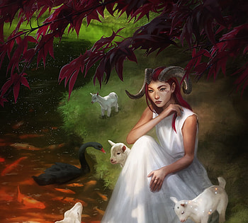 Capri, horns, crystal fae, fantasy, art, girl, creature, water, goat HD wallpaper