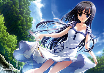 Minagami Sakuya, minagami-sakuya, black, grass, dress, clouds, trees, sky, hair, long HD wallpaper