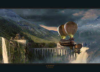 Airship, waterfall, fantasy, art, mountain HD wallpaper