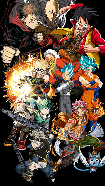 Naruto, My Hero Academia, Fairy Tail, One-Punch Man, Black Clover, Jujutsu Kaisen, Dragon Ball Super, One Piece, Anime, crossover HD phone wallpaper