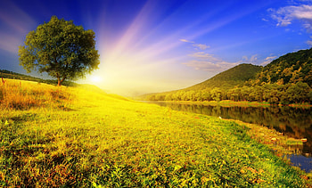 Landscape, rays, sunlight, peaceful, beauty, trees, water, sun, hill, hills, beautiful, grass, tree, lake, sunrays, green, view, clouds, nature, sky, lovely, splendor HD wallpaper